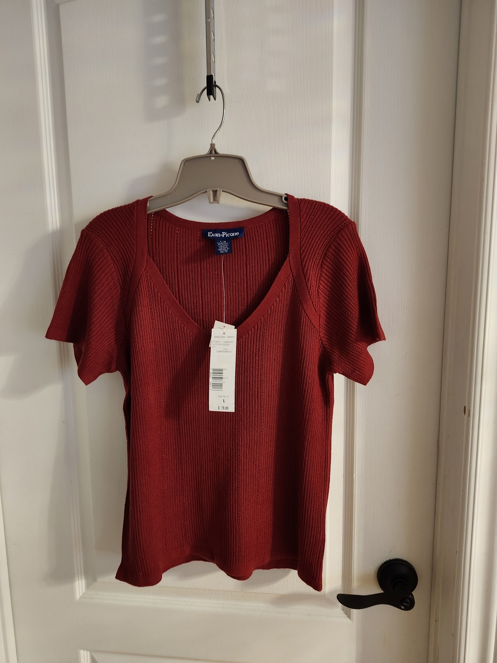 New Pomegrante Ribbed V-Neck Short Sleeve Top